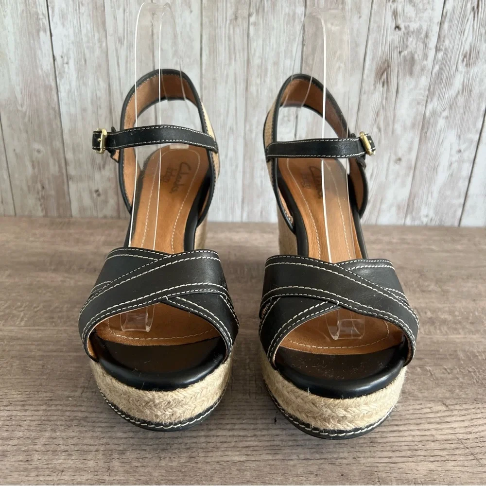 Clarks Amelia Air Black and Natural Espadrille Wedge Sandals 8.5 - Picture 4 of 9